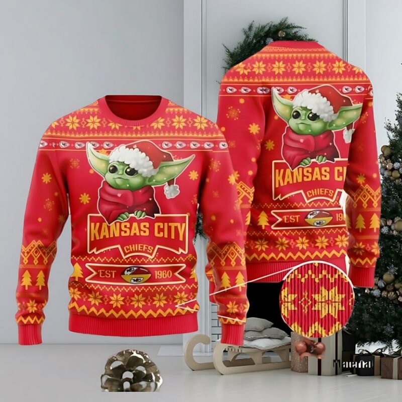 Kansas City Chiefs Cute Baby Yoda Grogu Ugly Christmas Sweater