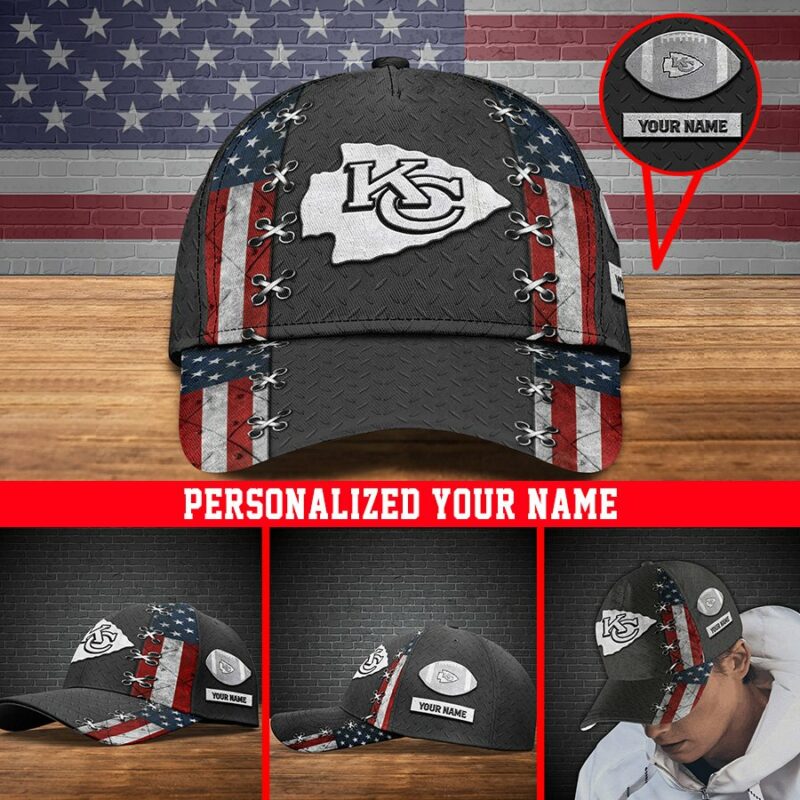 Personalized Kansas City Chiefs Patriotic Stitch Baseball Cap in 4 different angles