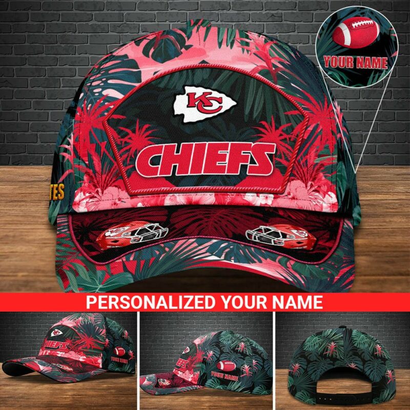 Personalized Kansas City Chiefs Tropical Paradise Baseball Cap in 4 different angles