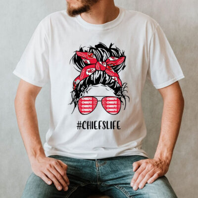 Chiefs Life Kansas City Chiefs Messy Bun Girl With Headband And Glasses for Football Lover 2D T-Shirt Mockup front men