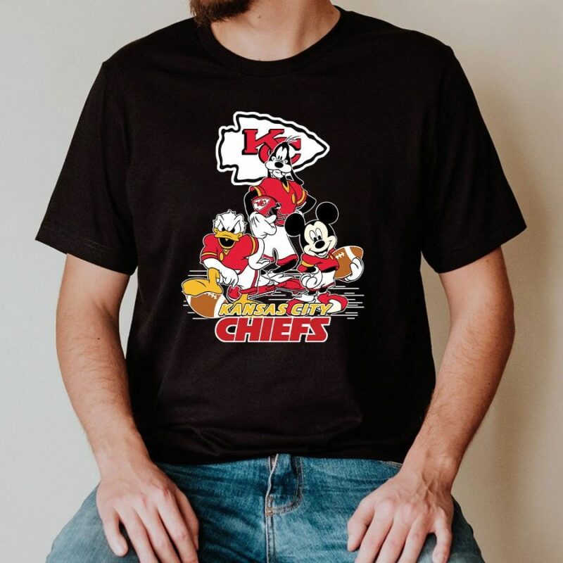 Mickey Mouse Goofy And Donald Duck Kansas City Chiefs 2D T-Shirt Black mockup man