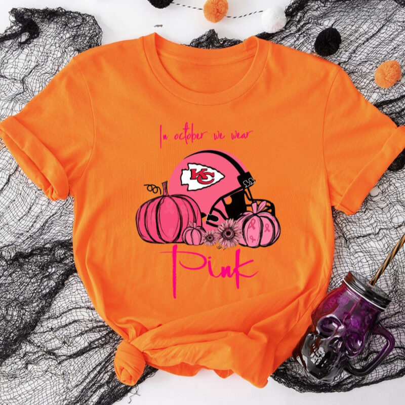 Pumpkin Kansas City Chiefs In October We Wear Pink Breast Cancer Awareness 2D T-Shirt Orange